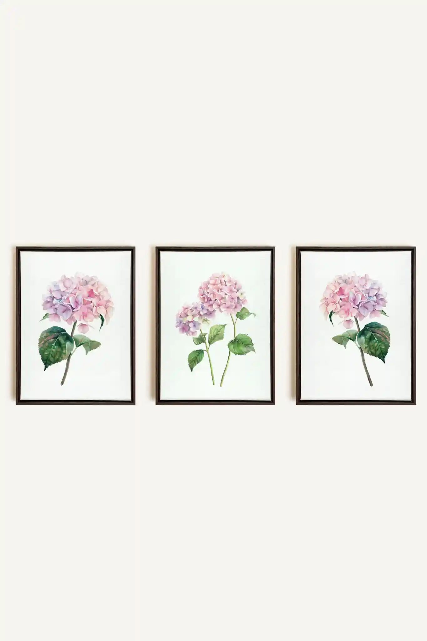 BLOSSOMING TRIO, 3 Artworks on stretched canvas, framed in Walnut Brown
