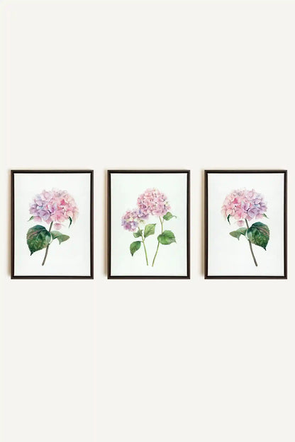 BLOSSOMING TRIO, 3 Artworks on stretched canvas, framed in Walnut Brown