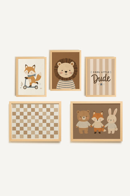 Cool Little Crew, set of 5 works on hard canvas, natural light frame