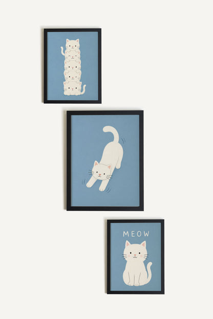 Blue Kitty, ensemble de 5 œuvres sur toile rigide, encadré noir