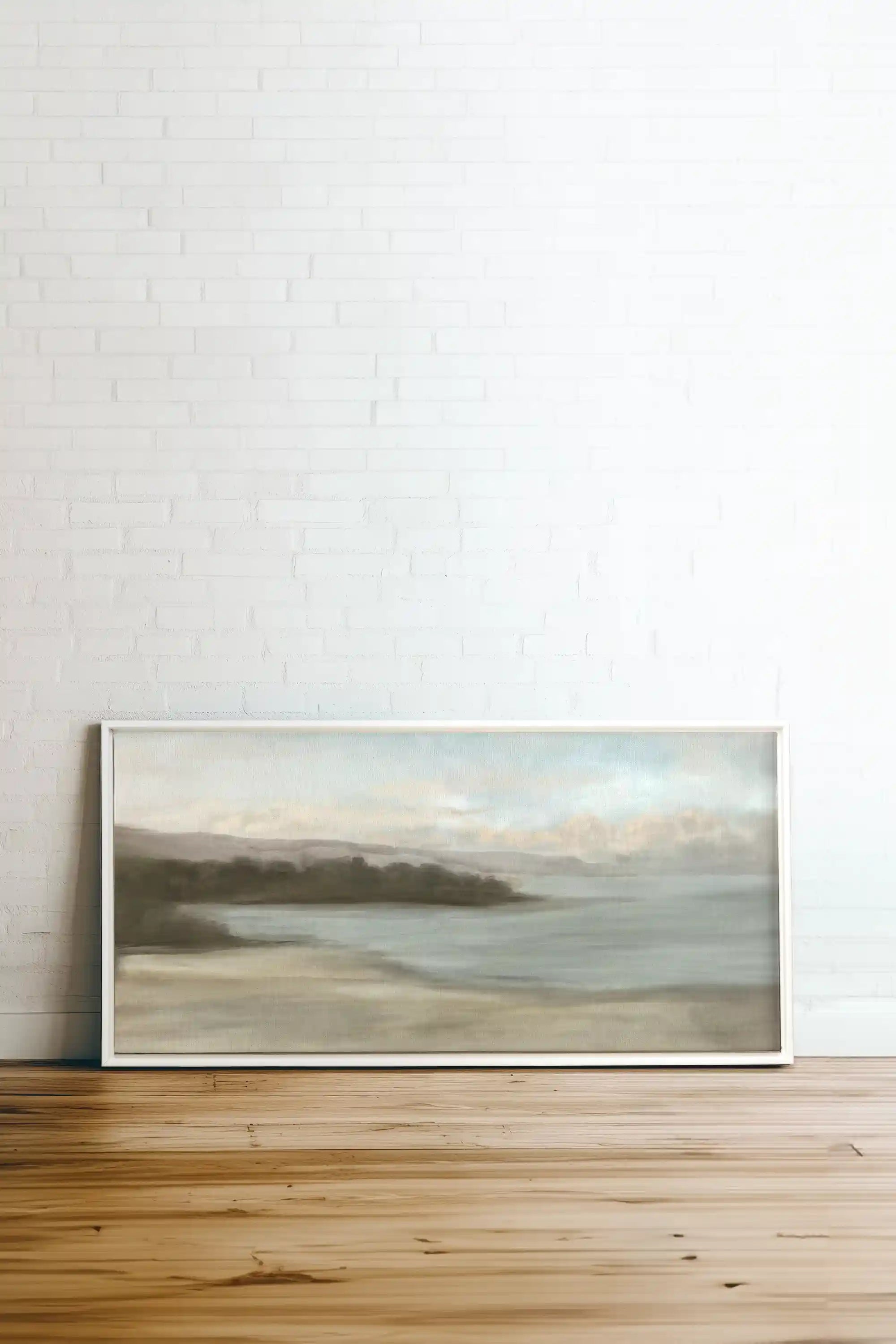 CALME SUR LA RIVE, Oeuvre sur toile étirée, encadré Blanc