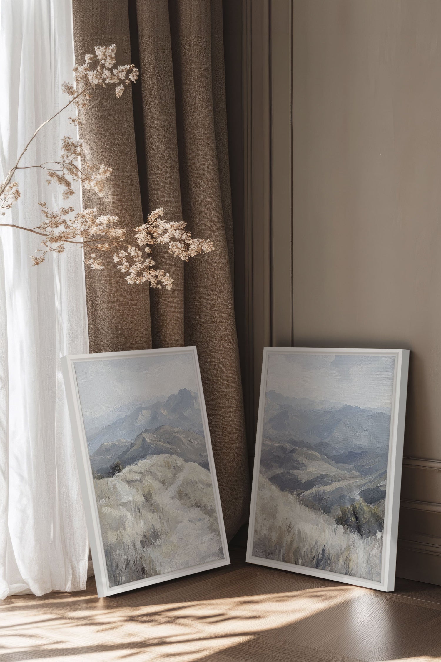 OLEKA CANVAS - ECLIPSED VALLEYS DUO, 2 Oeuvres sur toile étirée, encadré Blanc