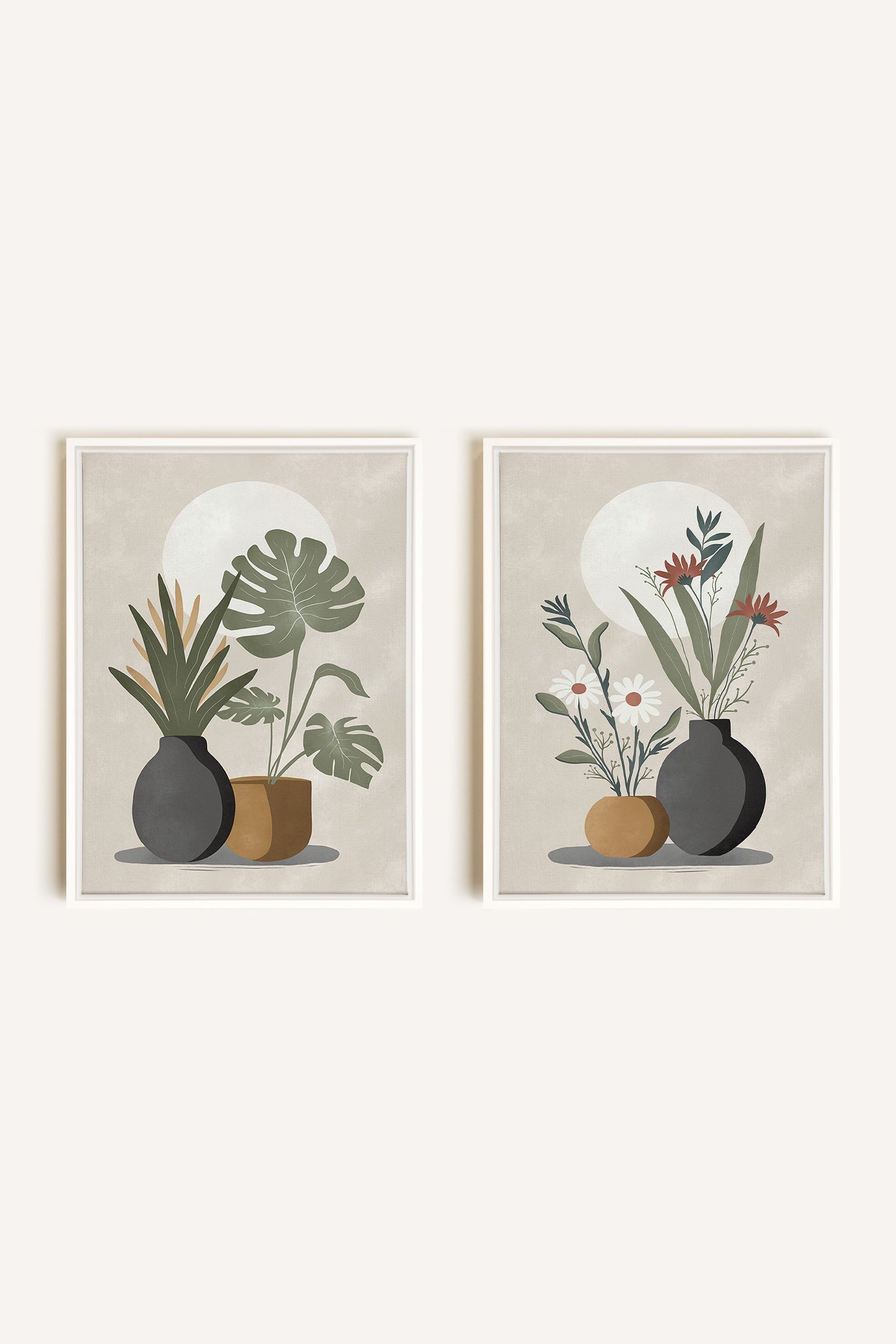 DUO COMPLICITÉ FLORALE, 2 Oeuvres sur toile étirée, encadré Blanc