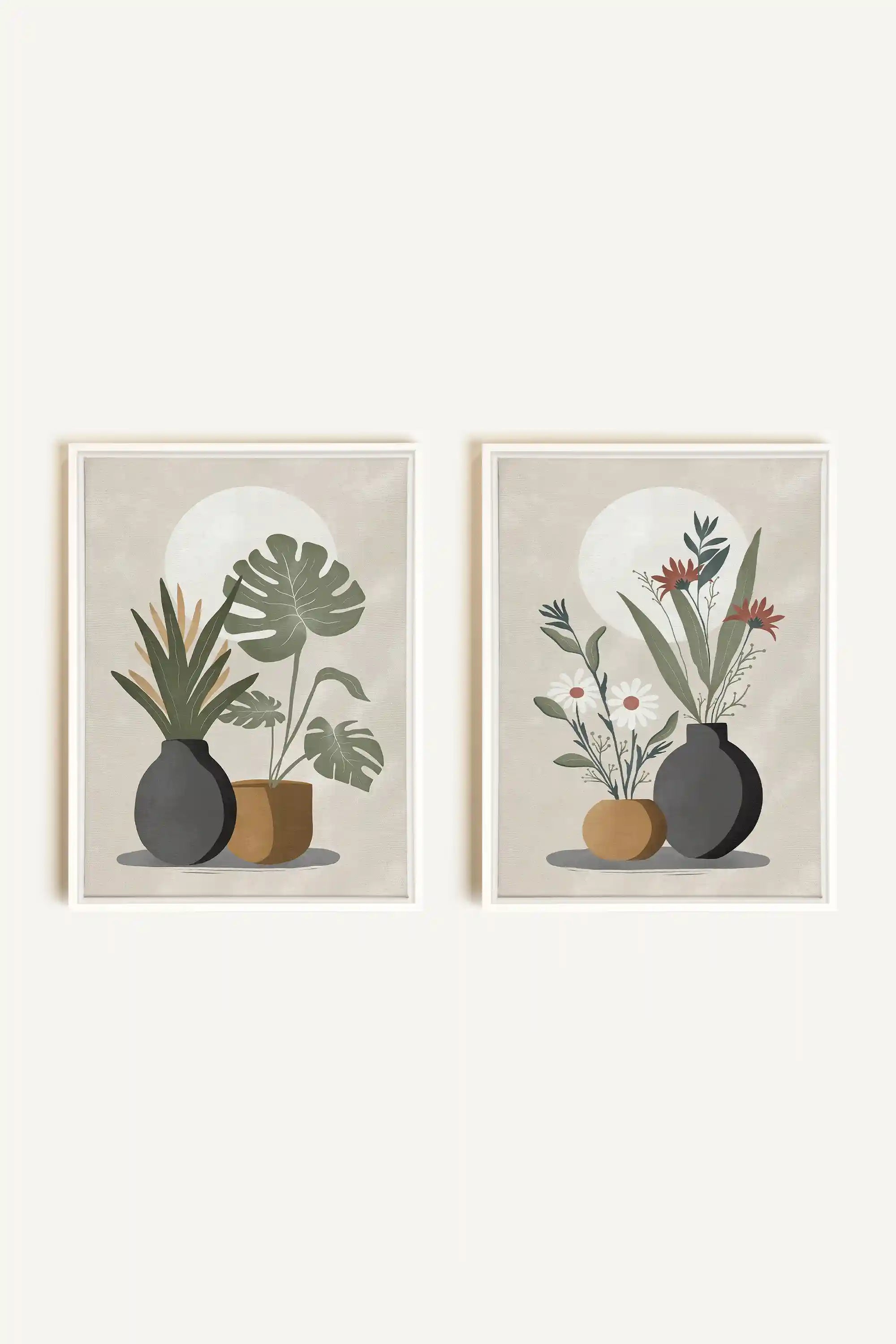 DUO COMPLICITÉ FLORALE, 2 Oeuvres sur toile étirée, encadré Blanc