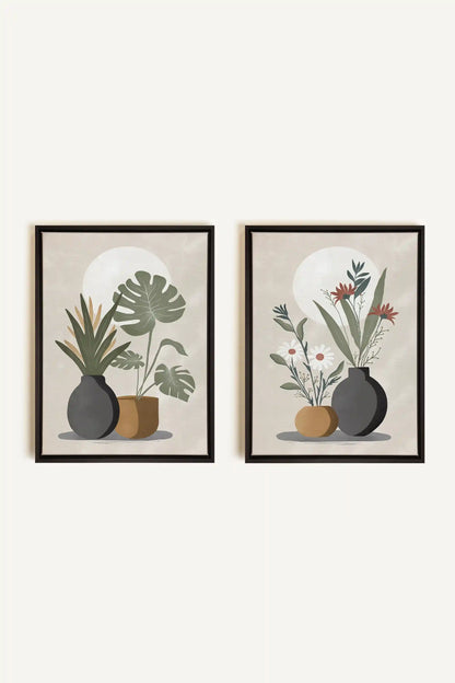 DUO COMPLICITÉ FLORALE, 2 Oeuvres sur toile étirée, encadré Noir