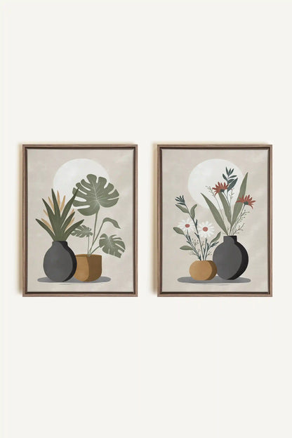 DUO COMPLICITÉ FLORALE, 2 Works on stretched canvas, framed Oak Brown