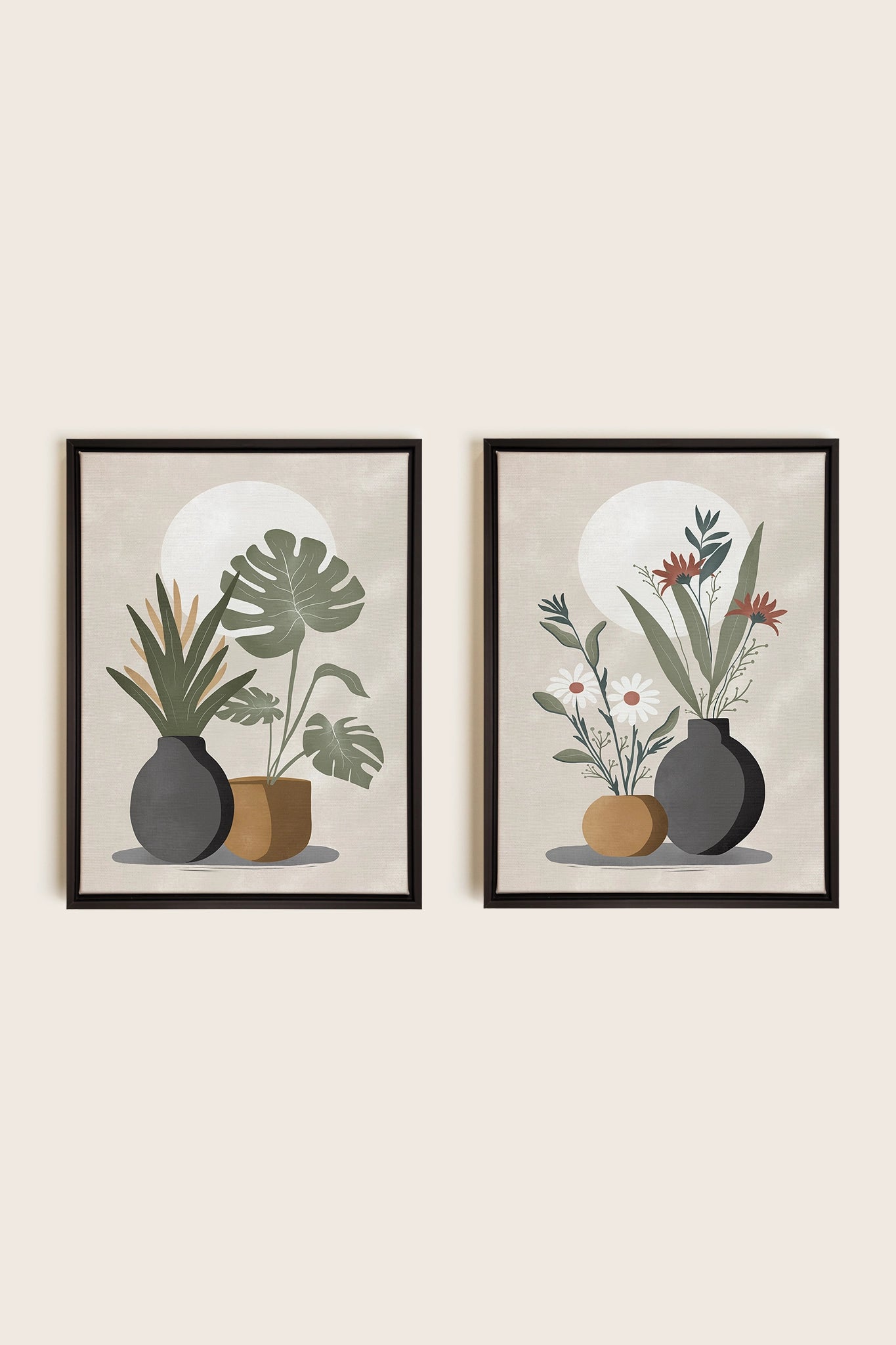 DUO COMPLICITÉ FLORALE, 2 Oeuvres sur toile étirée, encadré Noir