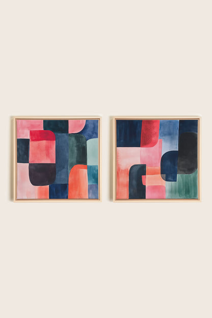 DUO ÉCLATS COLORÉS, 2 Oeuvres sur toile étirée, encadré Naturel Clair