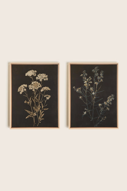 DUO FLEURS PRÉCIEUSES, 2 Oeuvres sur toile étirée, encadré Naturel Clair