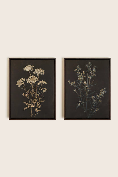 DUO FLEURS PRÉCIEUSES, 2 Oeuvres sur toile étirée, encadré Brun Noyer