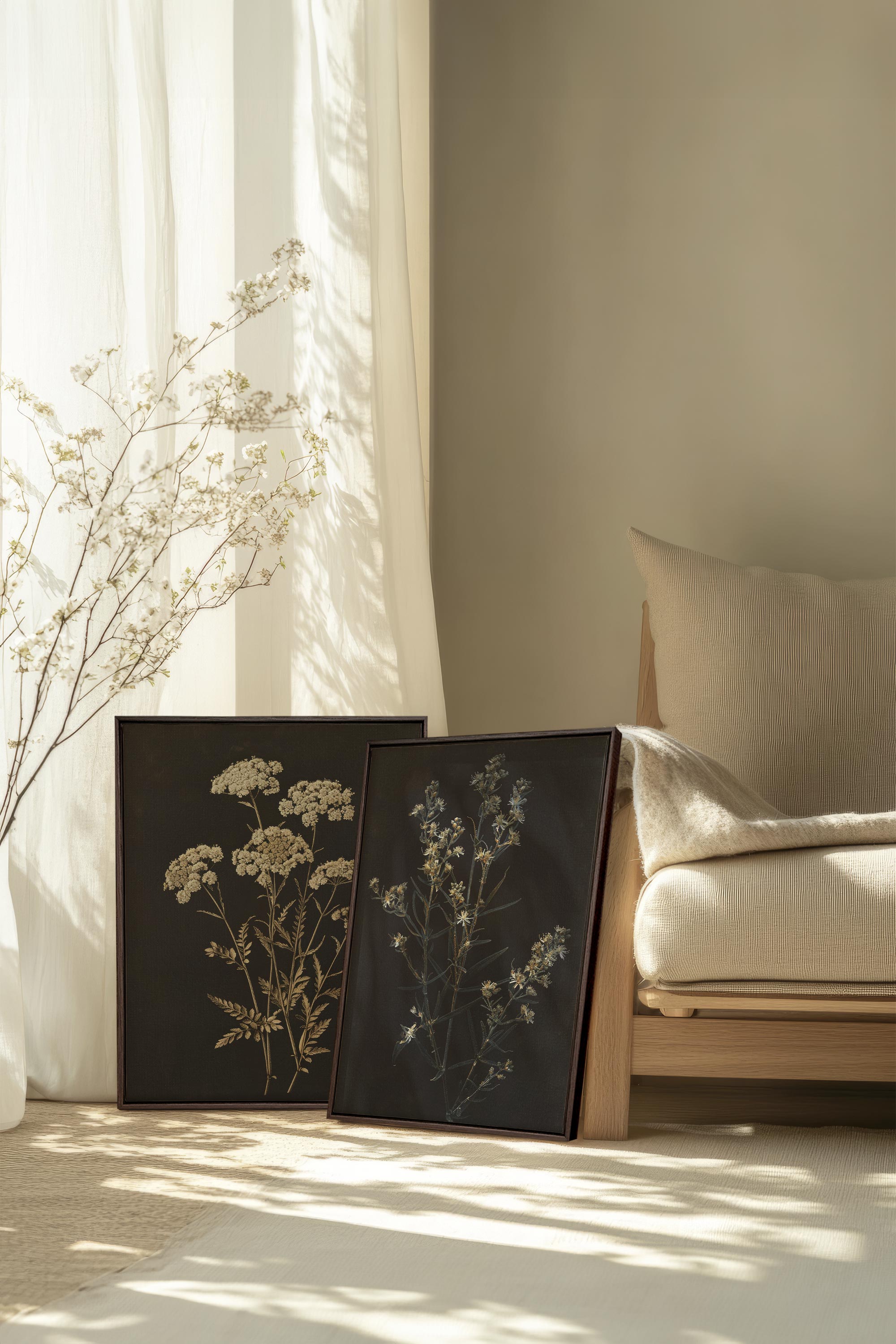 OLEKA CANVAS - DUO FLEURS PRÉCIEUSES, 2 Oeuvres sur toile étirée, encadré Brun Noyer