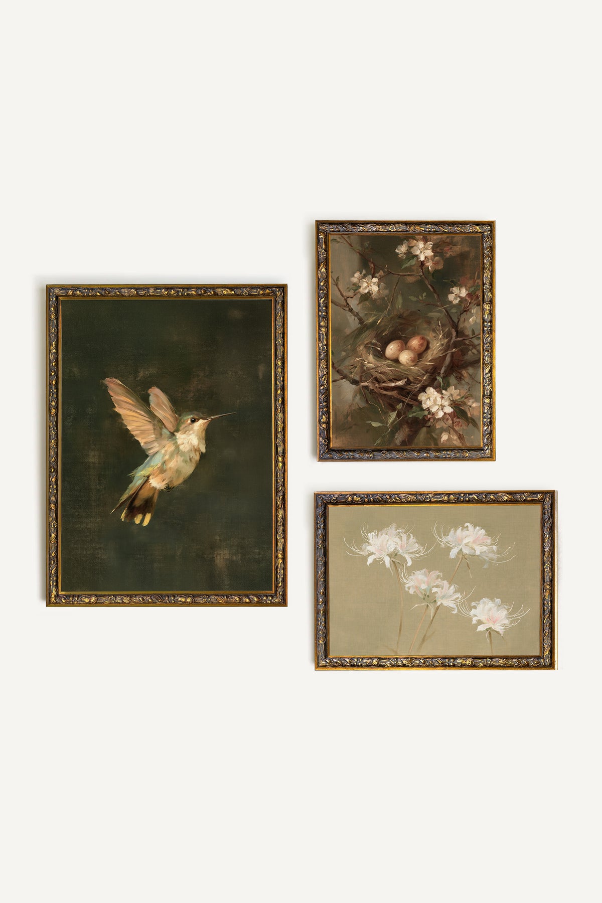 Dernier Envol, ensemble de 3 œuvres sur toile rigide, encadré bronze