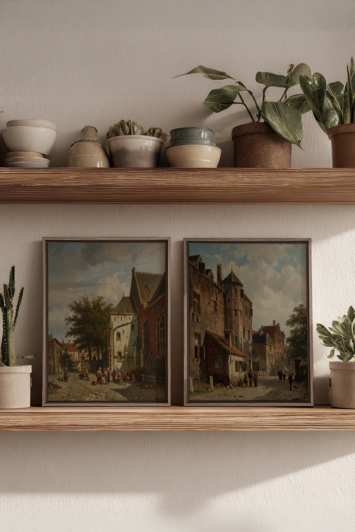 DUO LE VIEUX QUARTIER, 2 Oeuvres sur toile étirée, encadré Brun Noyer