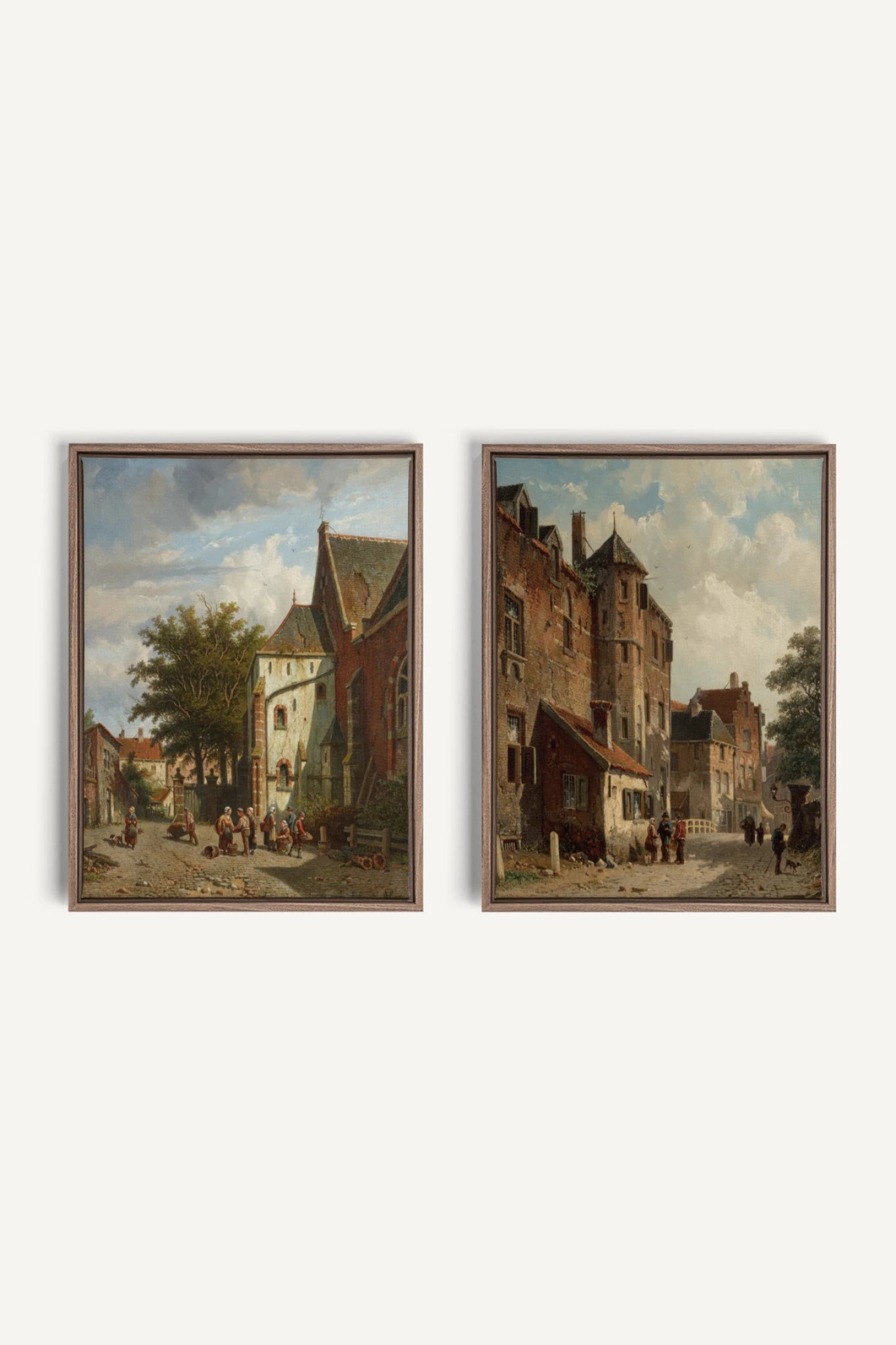 DUO LE VIEUX QUARTIER, 2 Oeuvres sur toile étirée, encadré Brun Noyer