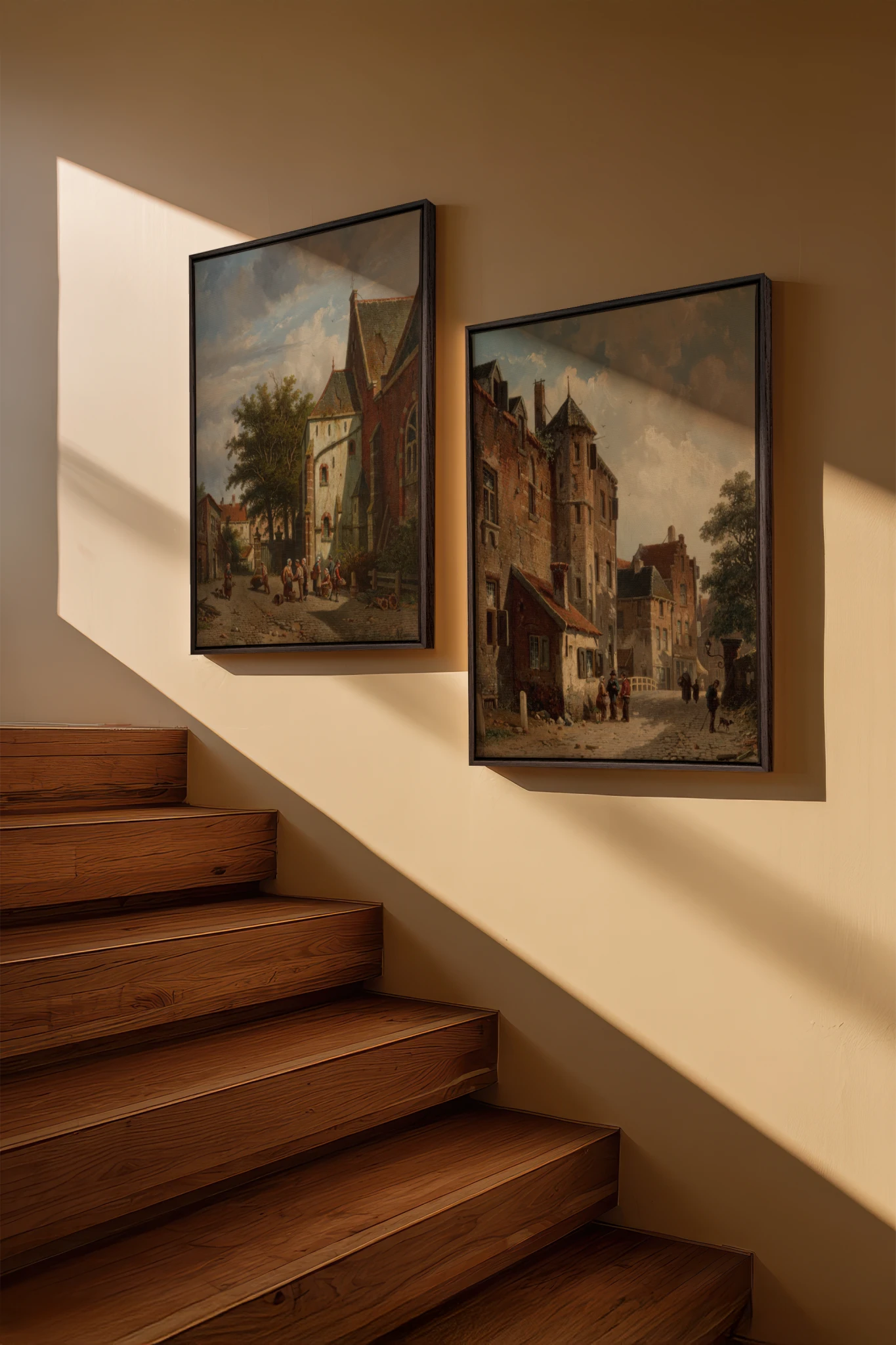 DUO LE VIEUX QUARTIER, 2 Oeuvres sur toile étirée, encadré Brun Noyer