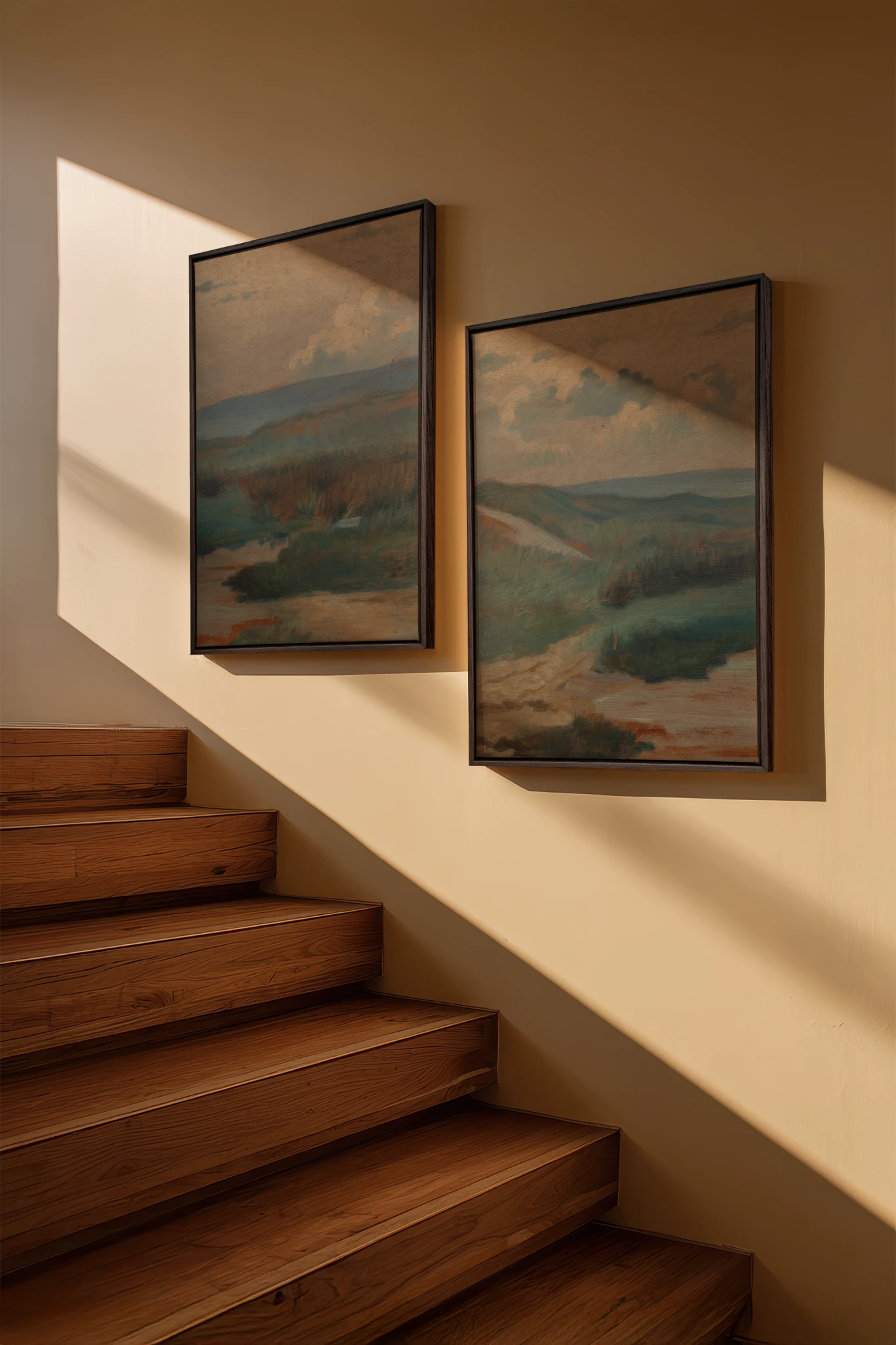 DUO RIVES DE SABLE, 2 Works on stretched canvas, framed Walnut Brown