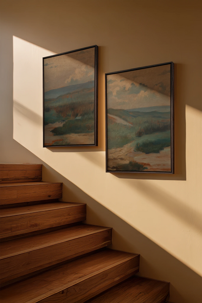 DUO RIVES DE SABLE, 2 Works on stretched canvas, framed Walnut Brown