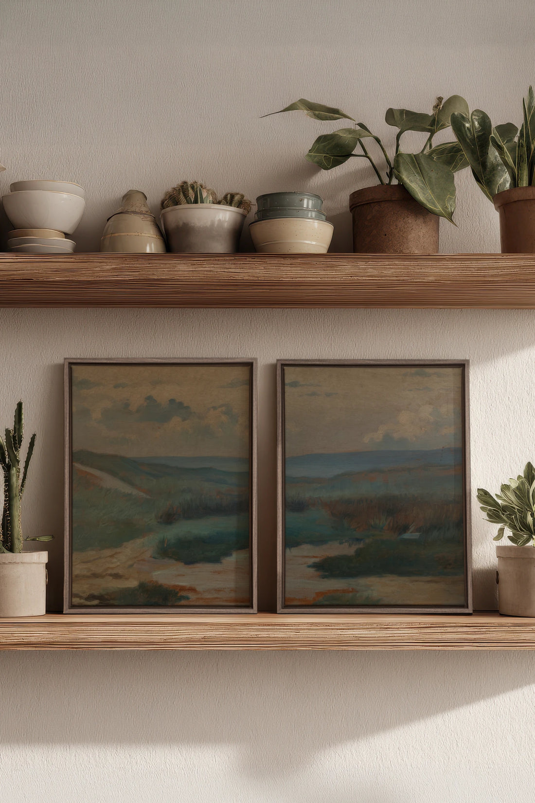 DUO RIVES DE SABLE, 2 Works on stretched canvas, framed Oak Brown