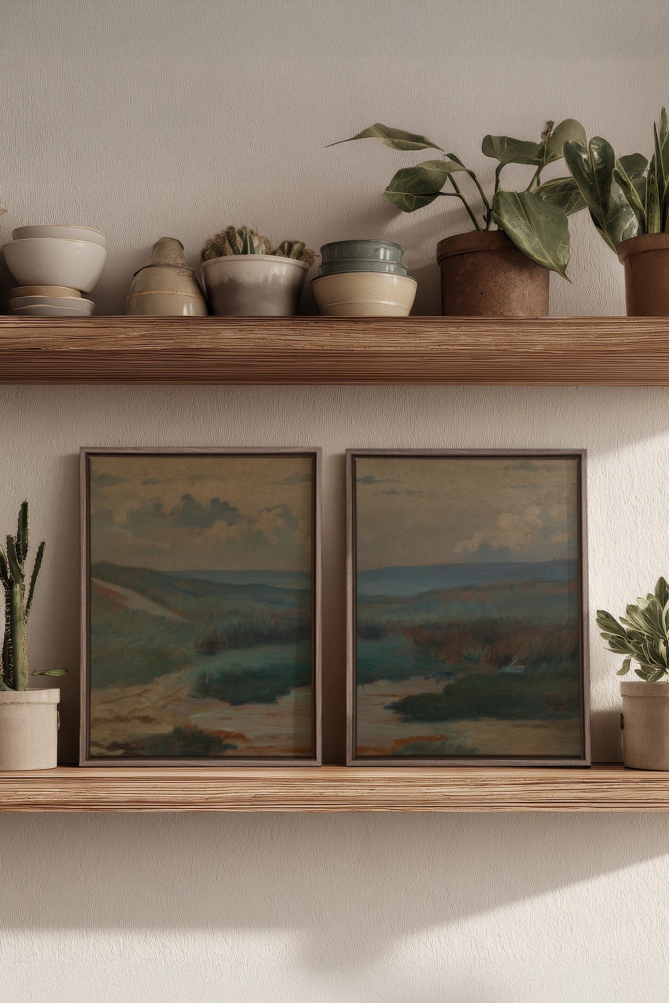 DUO RIVES DE SABLE, 2 Oeuvres sur toile étirée, encadré Brun Chêne