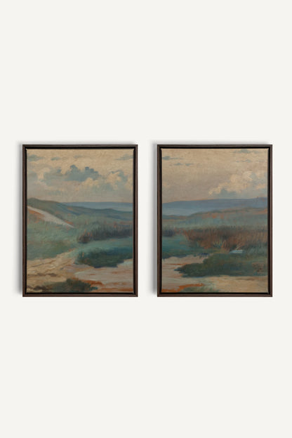 DUO RIVES DE SABLE, 2 Works on stretched canvas, framed Walnut Brown