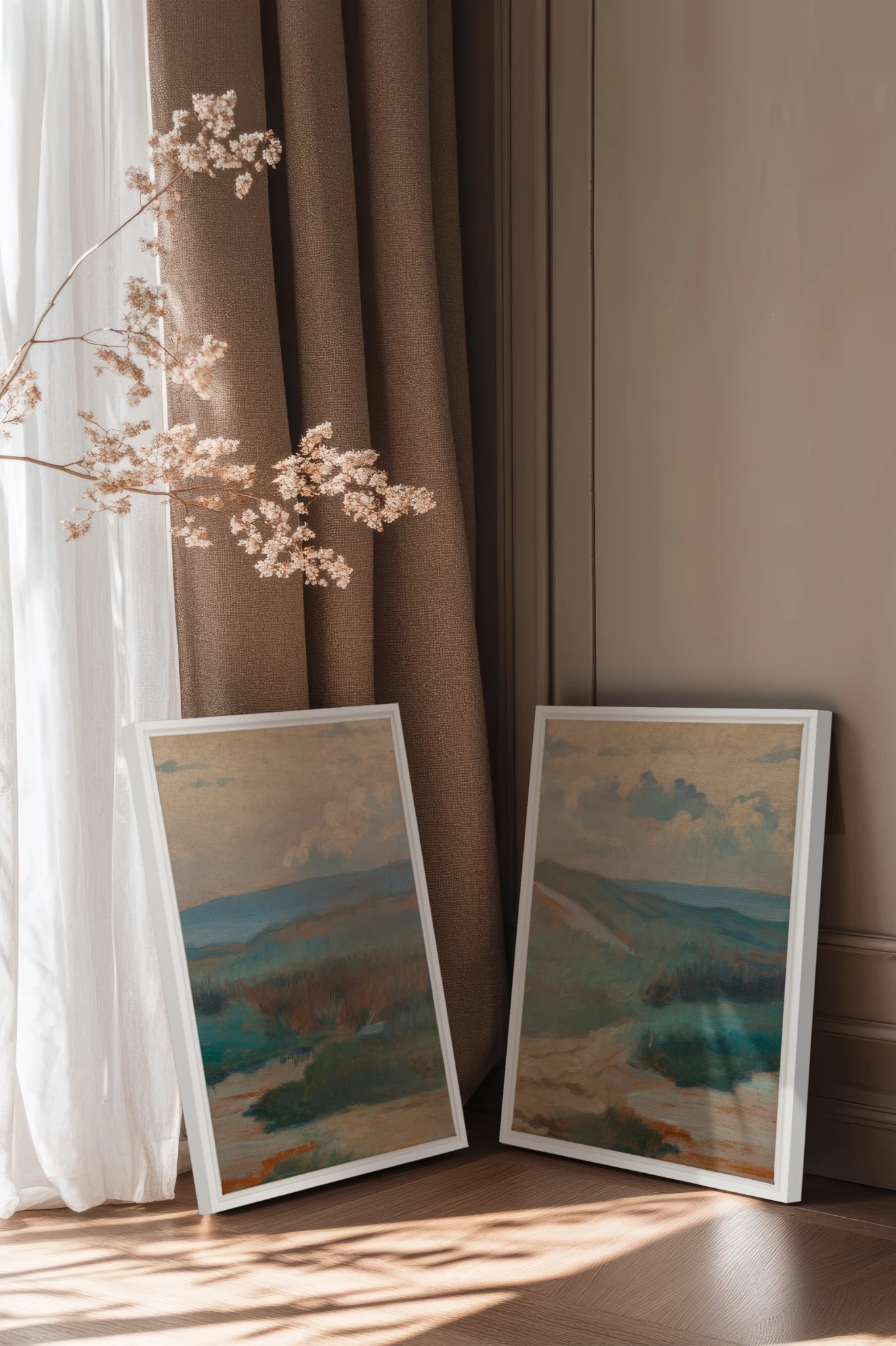 DUO RIVES DE SABLE, 2 Oeuvres sur toile étirée, encadré Blanc