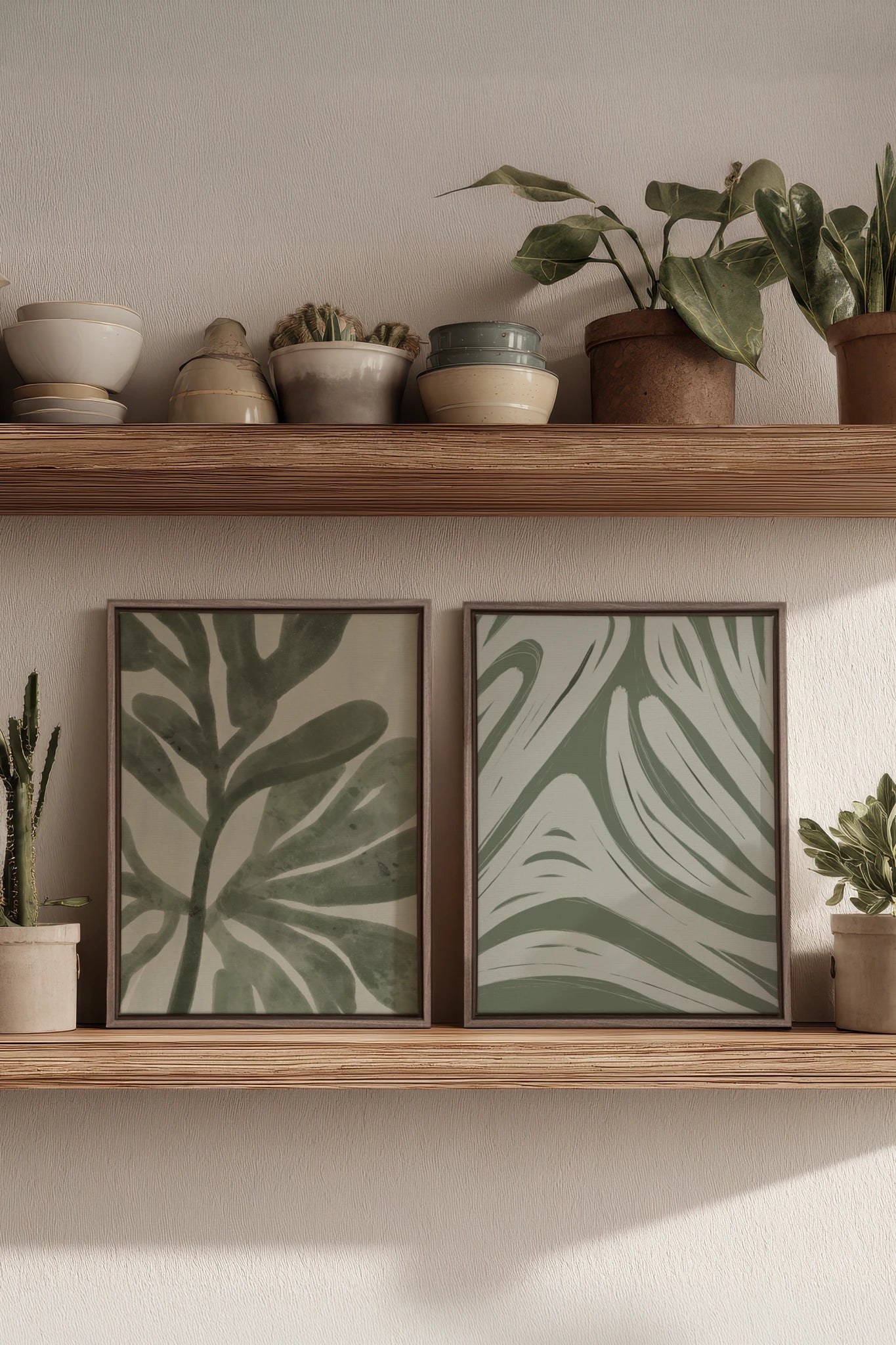 DUO SAUGE DOUCE, 2 Oeuvres sur toile étirée, encadré Brun Chêne