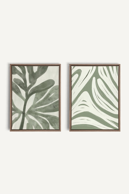 DUO SAUGE DOUCE, 2 Oeuvres sur toile étirée, encadré Brun Chêne