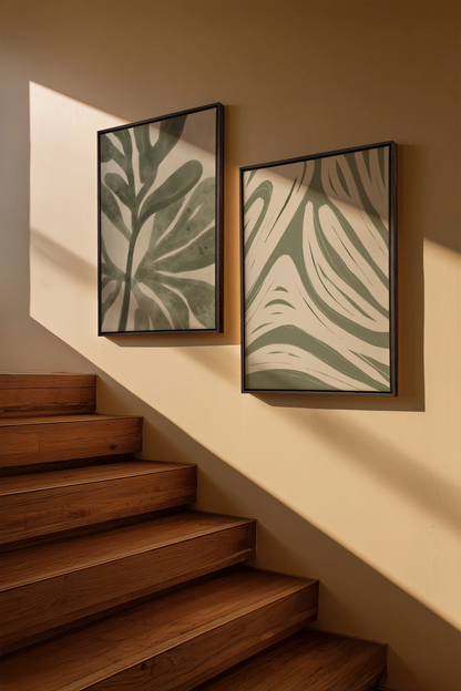 DUO SAUGE DOUCE, 2 Oeuvres sur toile étirée, encadré Brun Noyer