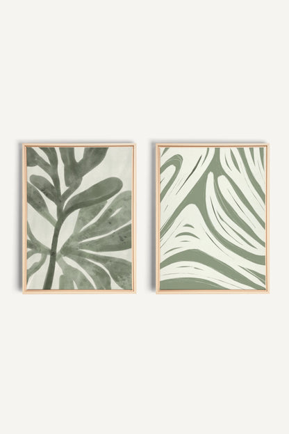 DUO SAUGE DOUCE, 2 Oeuvres sur toile étirée, encadré Naturel Clair