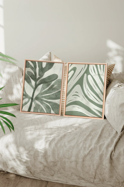 DUO SAUGE DOUCE, 2 Oeuvres sur toile étirée, encadré Naturel Clair