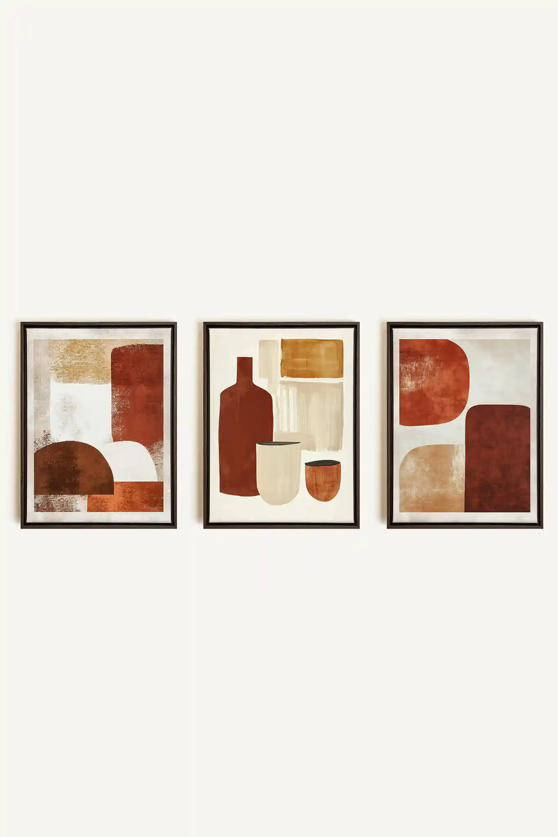 EARTHLY CRAFT TRIO, 3 Artworks on stretched canvas, framed in Walnut Brown