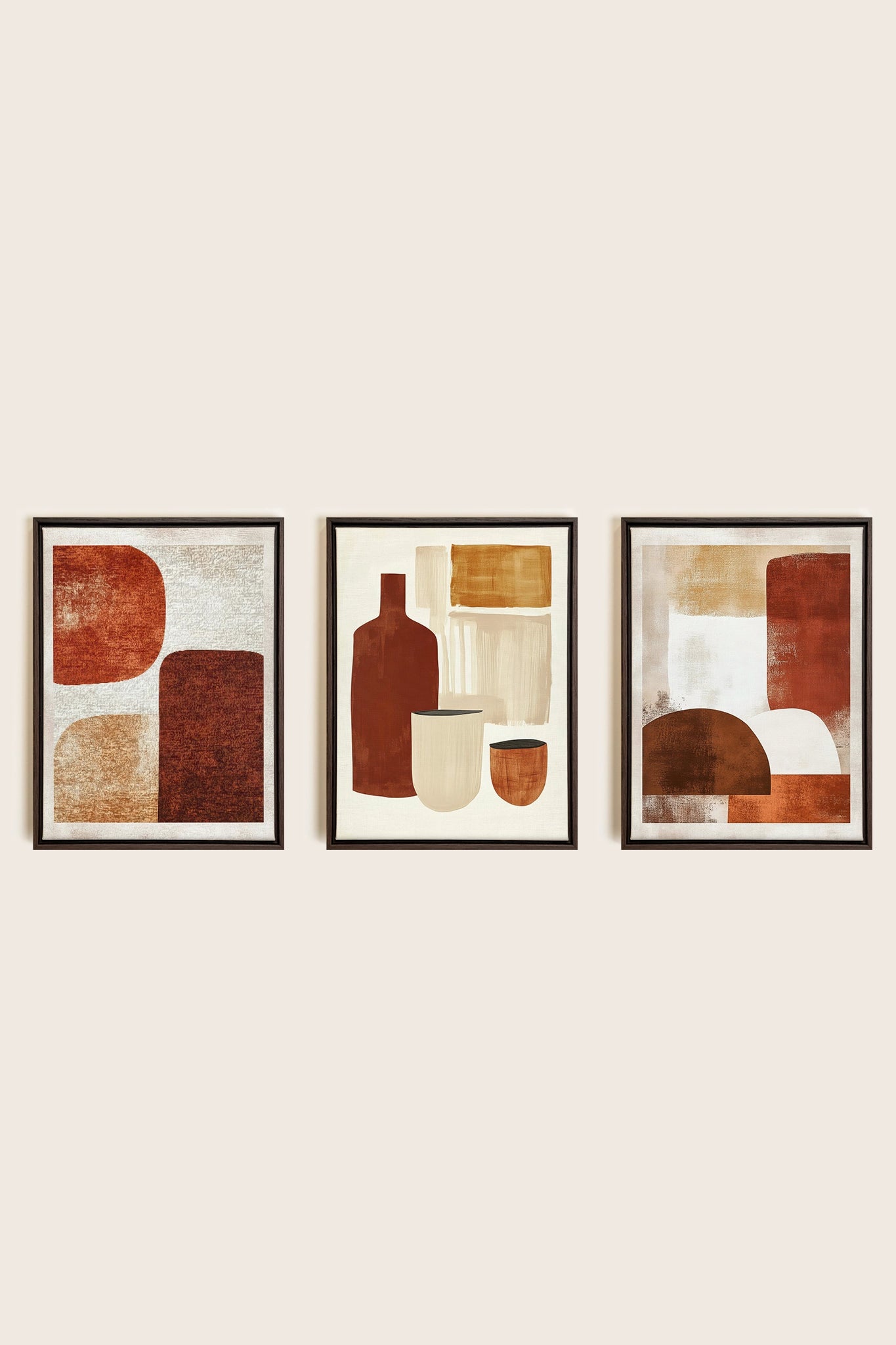 EARTHLY CRAFT TRIO, 3 Artworks on stretched canvas, framed in Walnut Brown