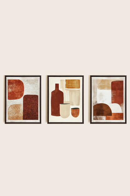 EARTHLY CRAFT TRIO, 3 Artworks on stretched canvas, framed in Walnut Brown