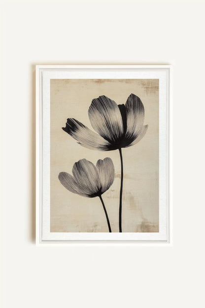 EBONY FLOWERS, Artwork on stretched canvas, framed in white