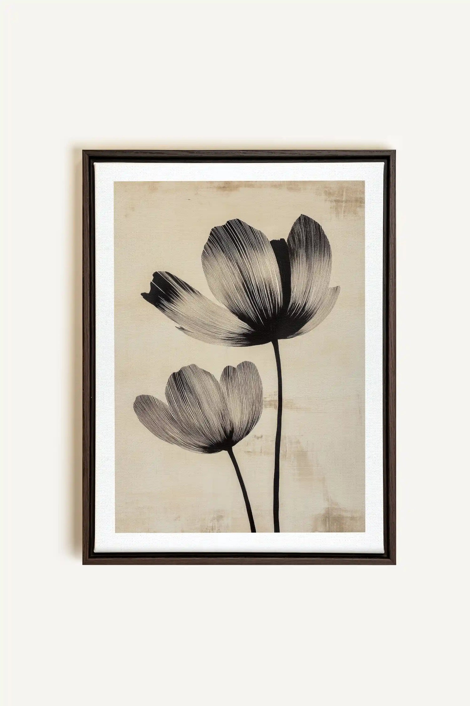 EBONY FLOWERS, Artwork on stretched canvas, framed in Walnut Brown
