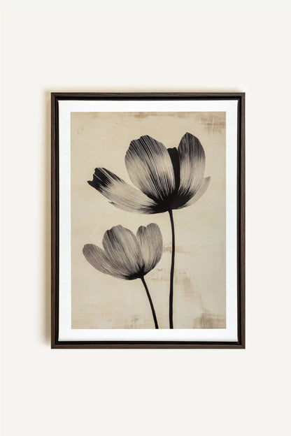 EBONY FLOWERS, Artwork on stretched canvas, framed in Walnut Brown