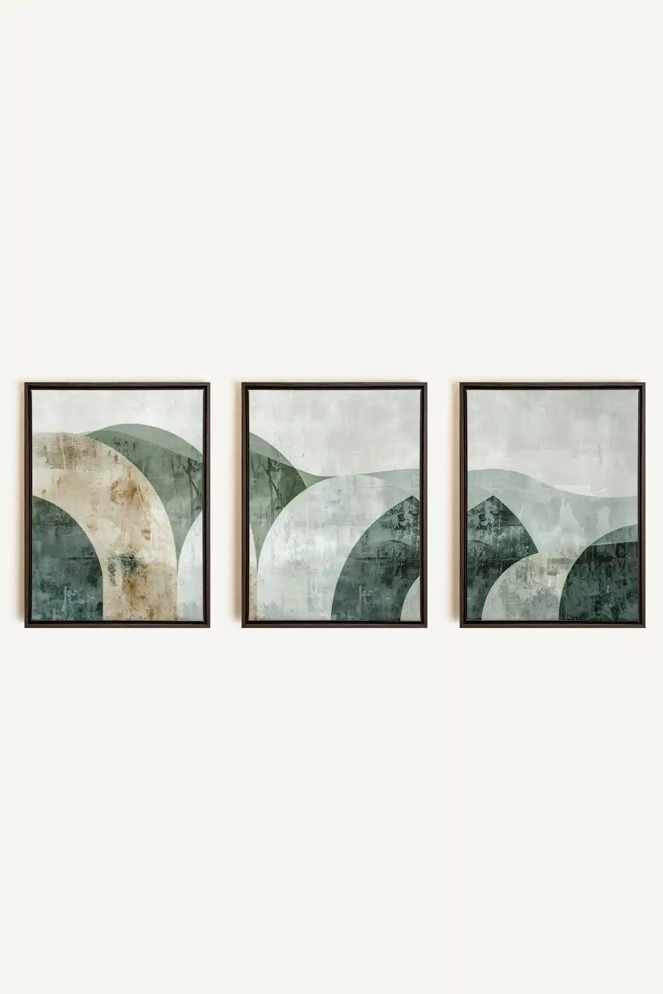 GREEN ELEGANCE TRIO, 3 Artworks on stretched canvas, framed in Walnut Brown