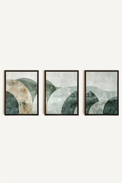 GREEN ELEGANCE TRIO, 3 Works on stretched canvas, black framed