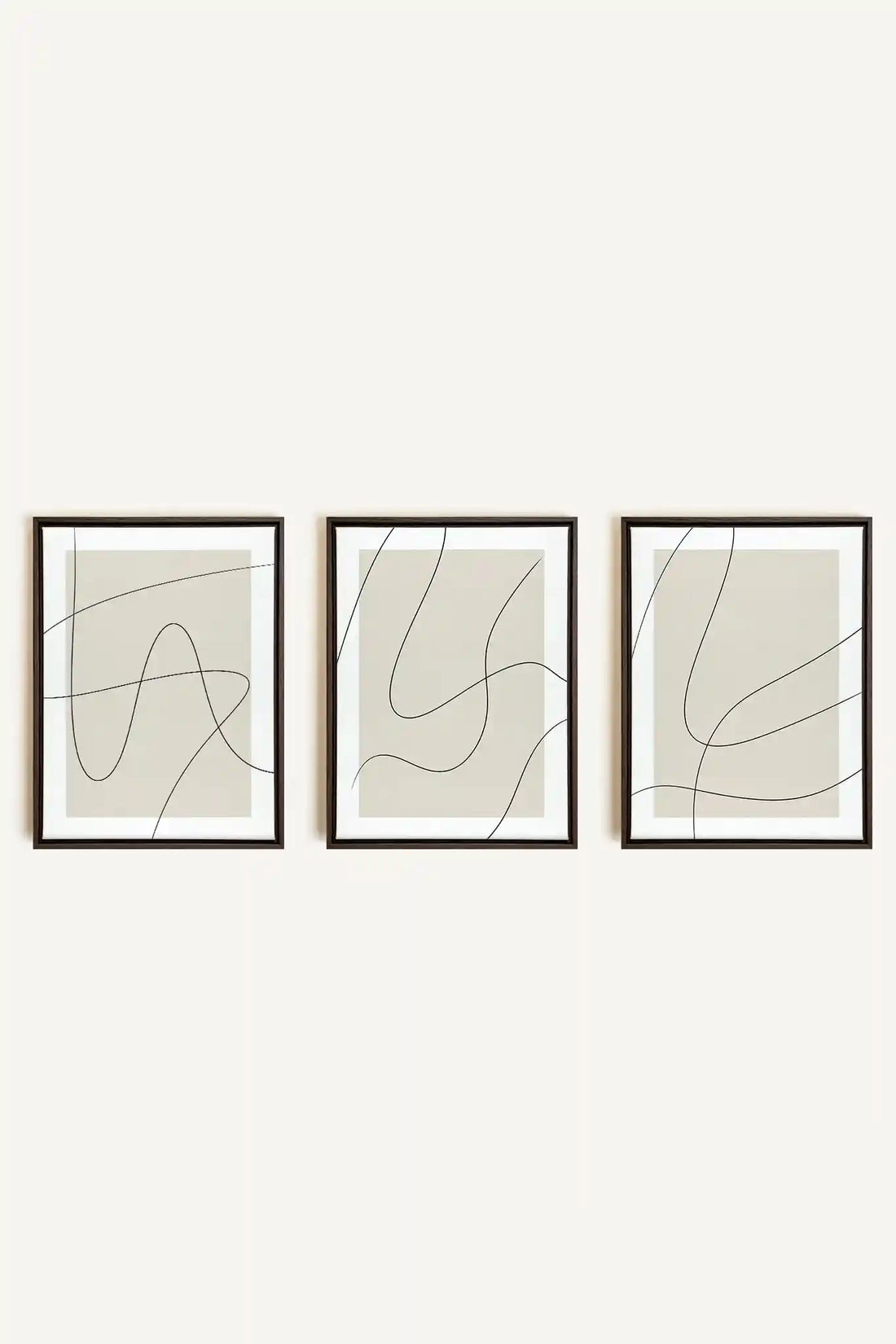 ELEGANT CURVES TRIO, 3 Artworks on stretched canvas, framed in Walnut Brown