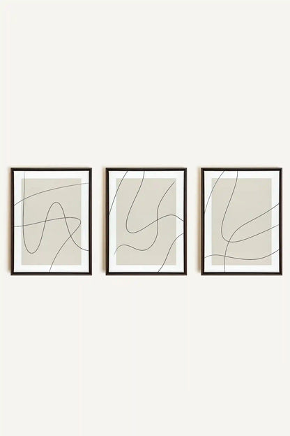 ELEGANT CURVES TRIO, 3 Oeuvres sur toile étirée, encadré Brun Noyer