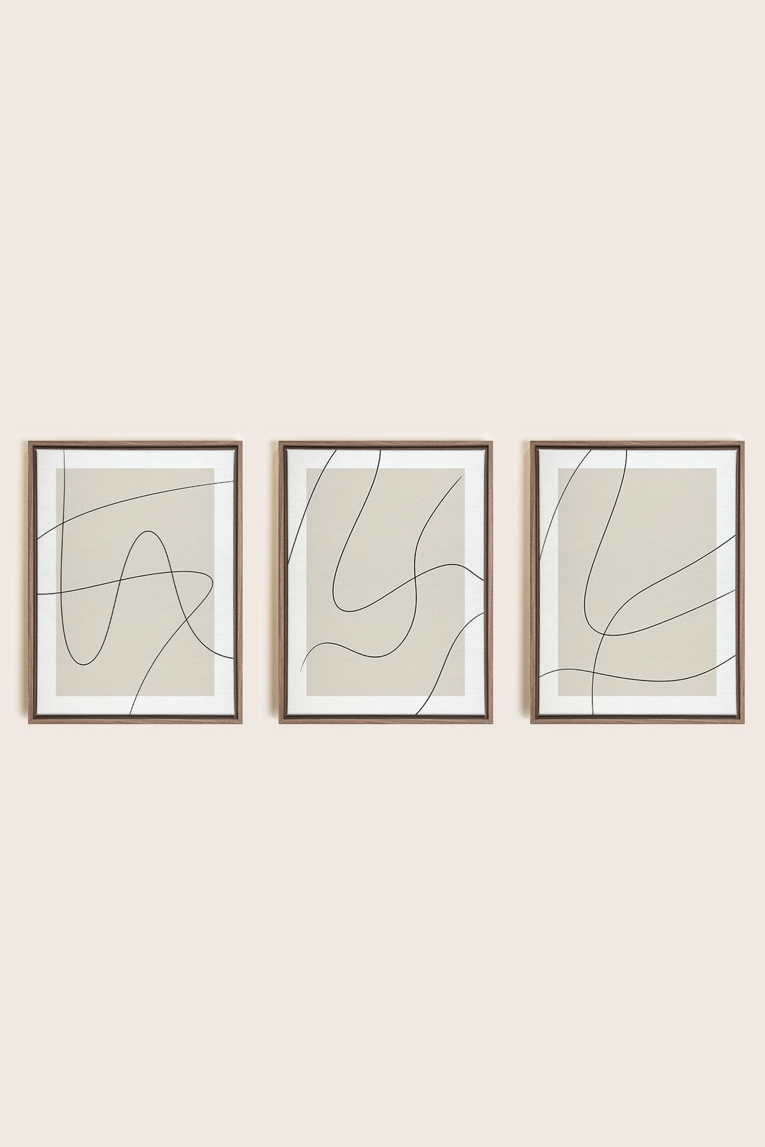 ELEGANT CURVES TRIO, 3 Works on stretched canvas, framed in Brown Oak