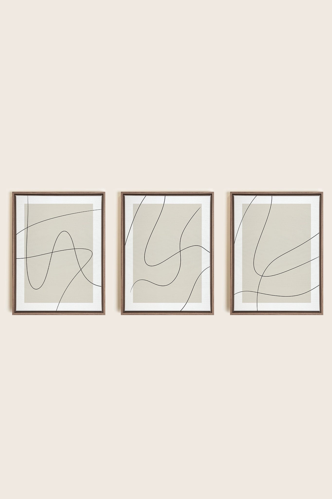ELEGANT CURVES TRIO, 3 Works on stretched canvas, framed in Brown Oak
