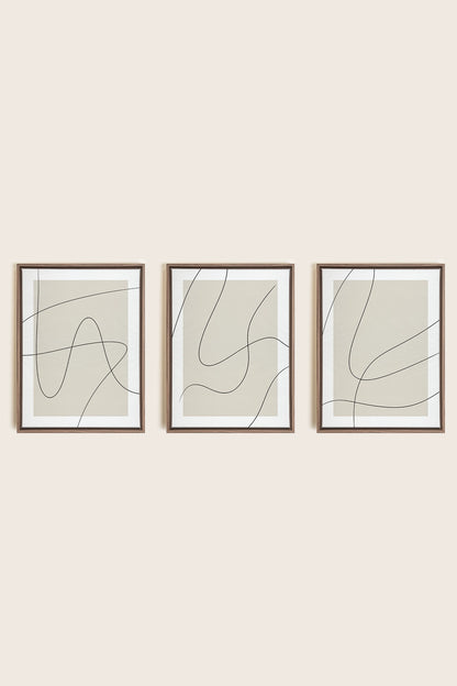 ELEGANT CURVES TRIO, 3 Works on stretched canvas, framed in Brown Oak