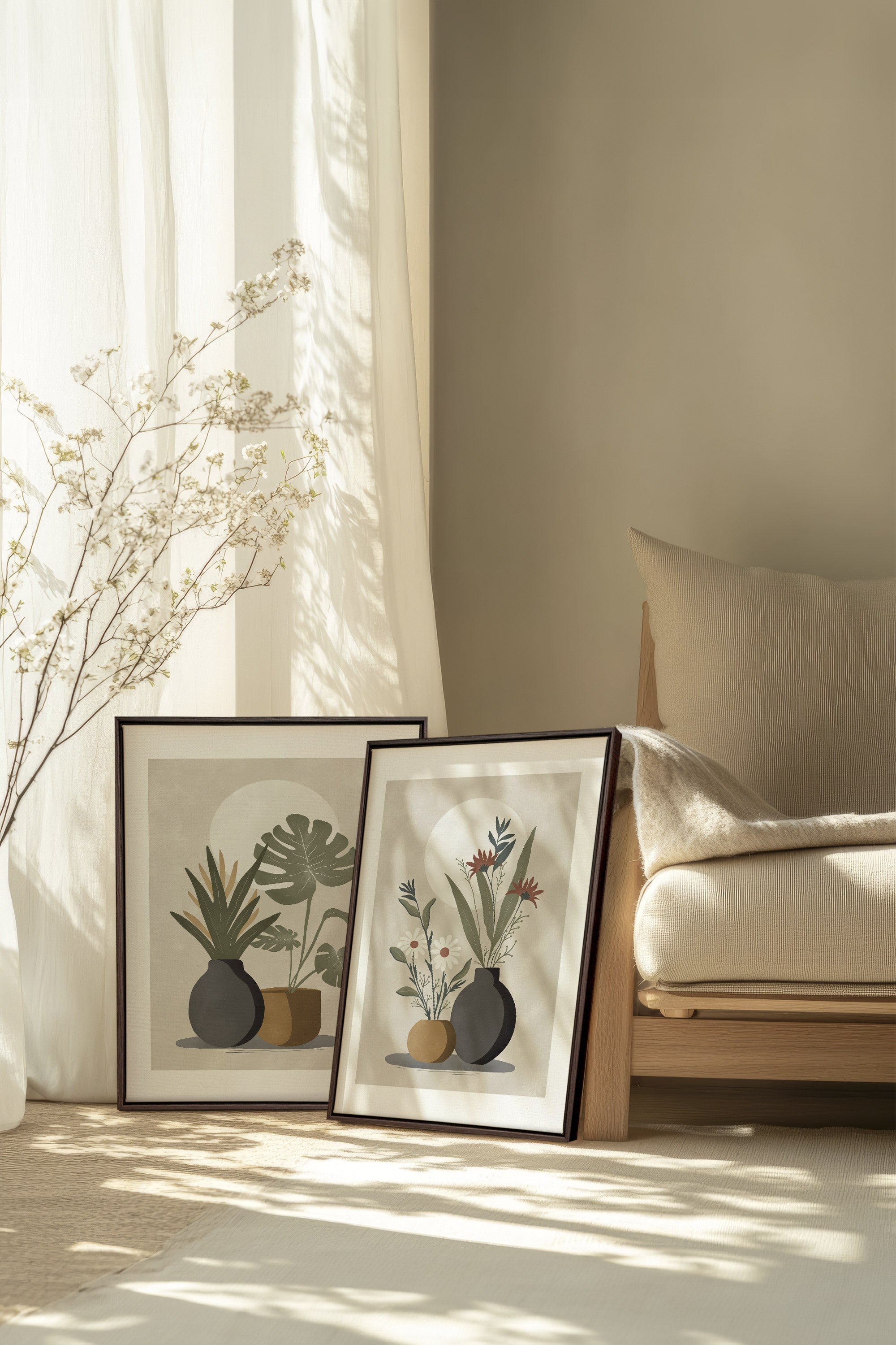 OLEKA CANVAS - DUO COMPLICITÉ FLORALE, 2 Oeuvres sur toile étirée, encadré Brun Noyer