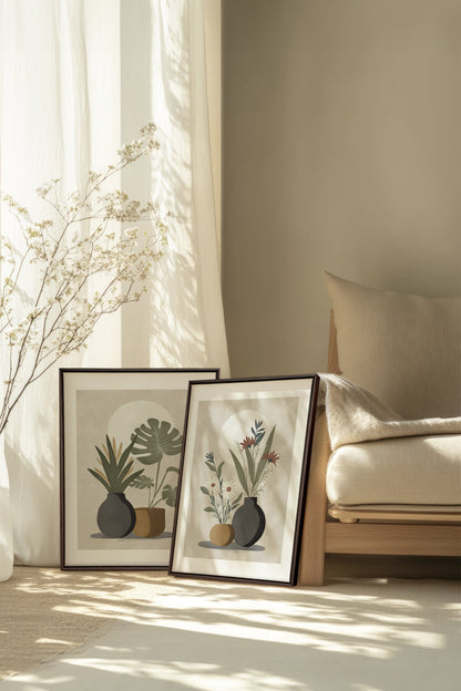 OLEKA CANVAS - DUO COMPLICITÉ FLORALE, 2 Oeuvres sur toile étirée, encadré Brun Noyer