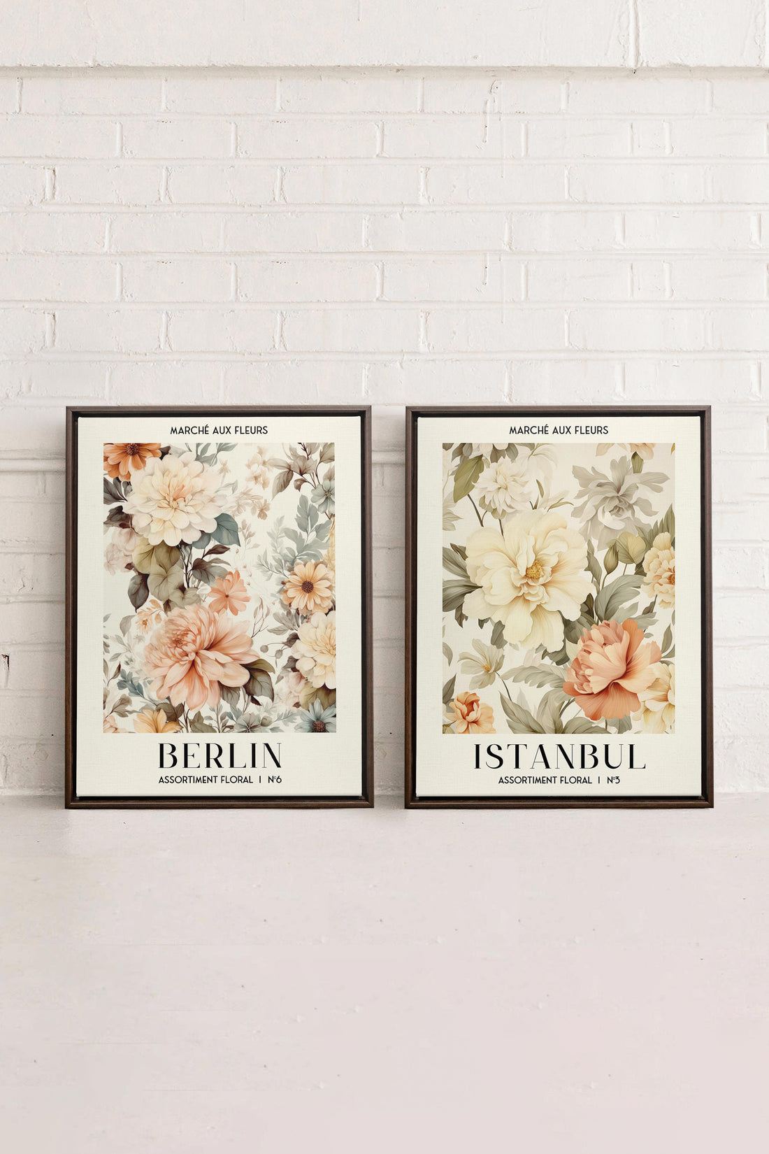 OLEKA CANVAS - DUO ASSORTIMENT FLORAL, 2 Oeuvres sur toile étirée, encadré Brun Noyer