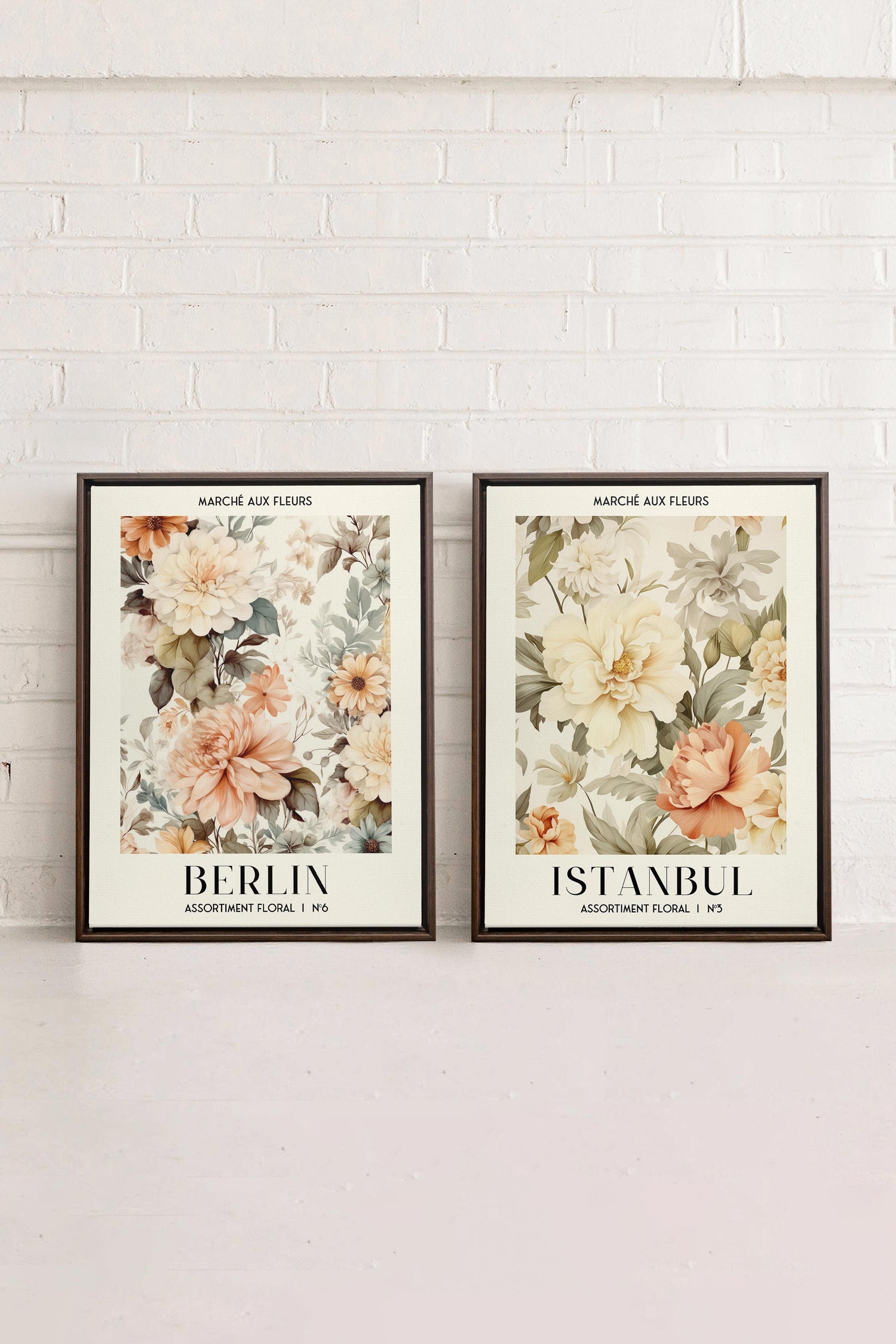 OLEKA CANVAS - DUO ASSORTIMENT FLORAL, 2 Oeuvres sur toile étirée, encadré Brun Noyer