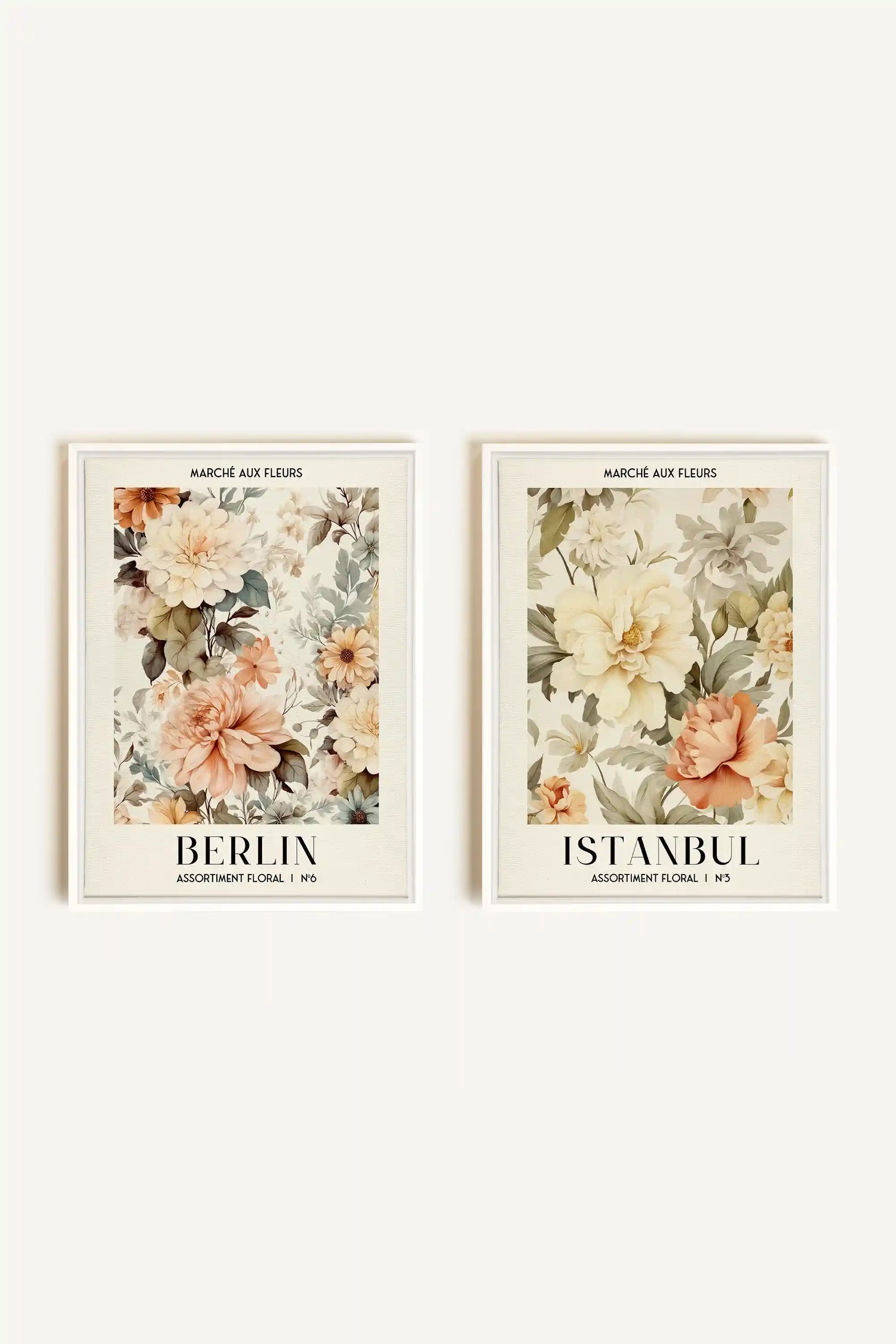 DUO ASSORTIMENT FLORAL, 2 Oeuvres sur toile étirée, encadré Blanc