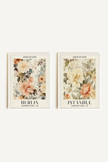 DUO ASSORTIMENT FLORAL, 2 Oeuvres sur toile étirée, encadré Blanc