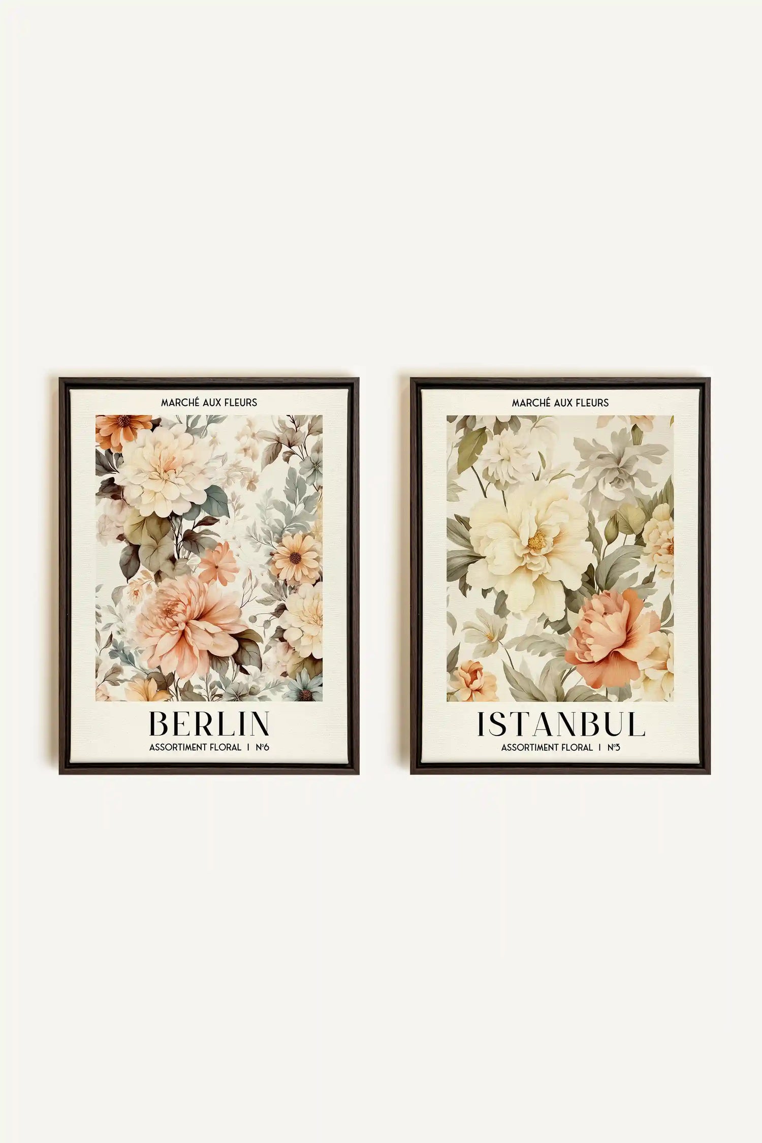 DUO ASSORTIMENT FLORAL, 2 Oeuvres sur toile étirée, encadré Brun Noyer